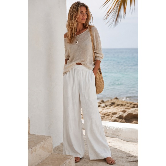 Chico's Pants - Chicos 1 US M 8 Pants Wide Leg Elastic Waist Cotton Textured White Coastal Beach